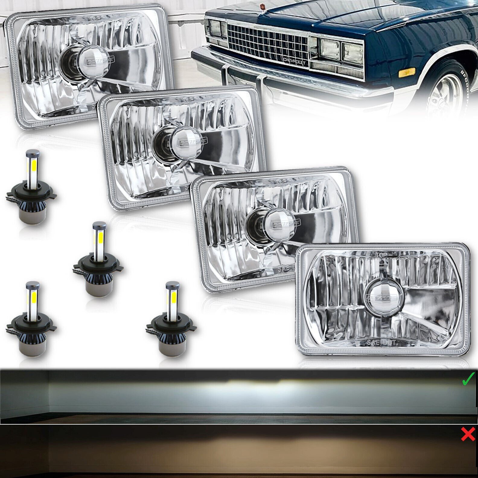 4X6″ 20/40w H4 LED Crystal Clear Glass Lens Headlight Set for 1981-87 GM G Body