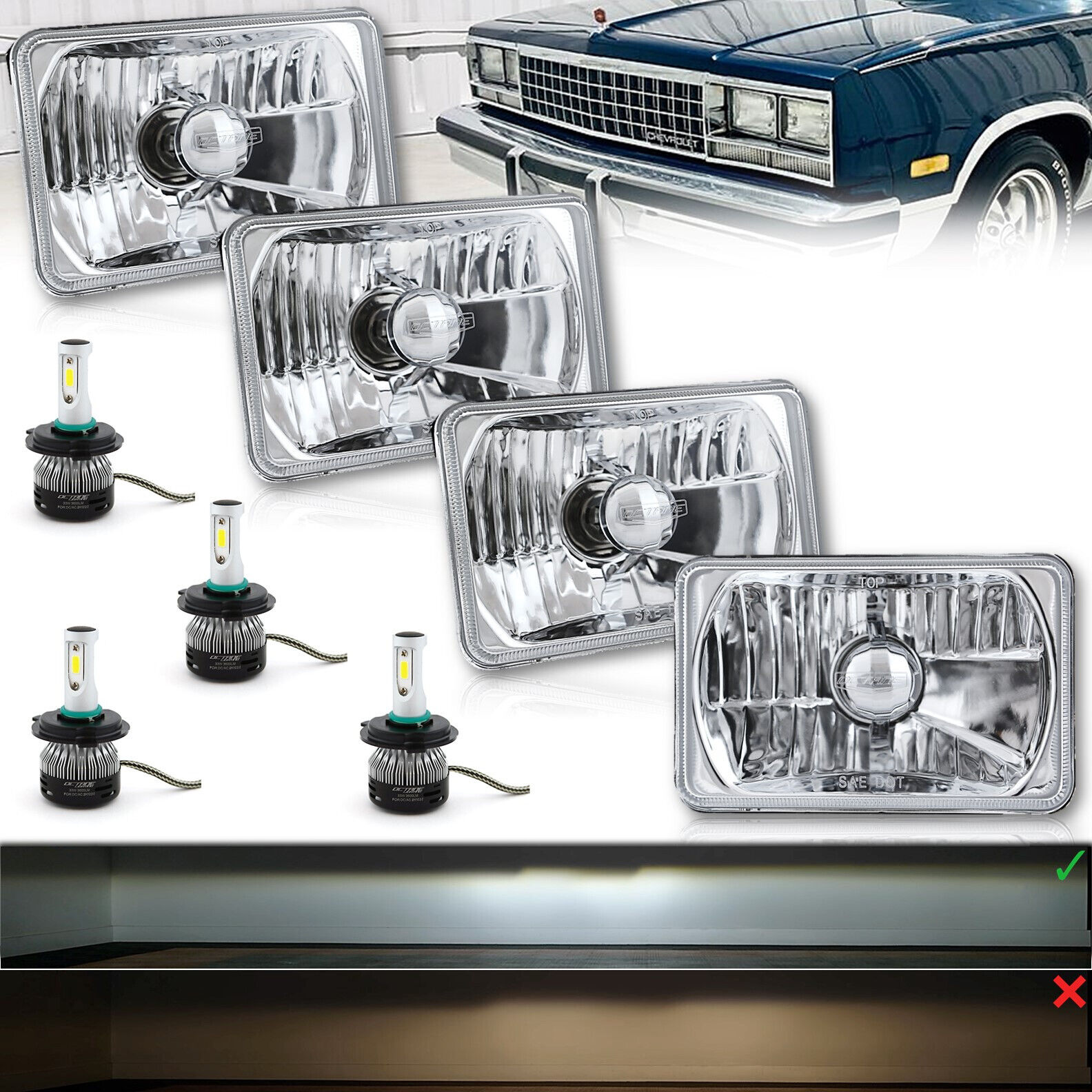 4X6″ 22/33w H4 LED Crystal Clear Glass Lens Headlight Set for 1981-87 GM G-Body