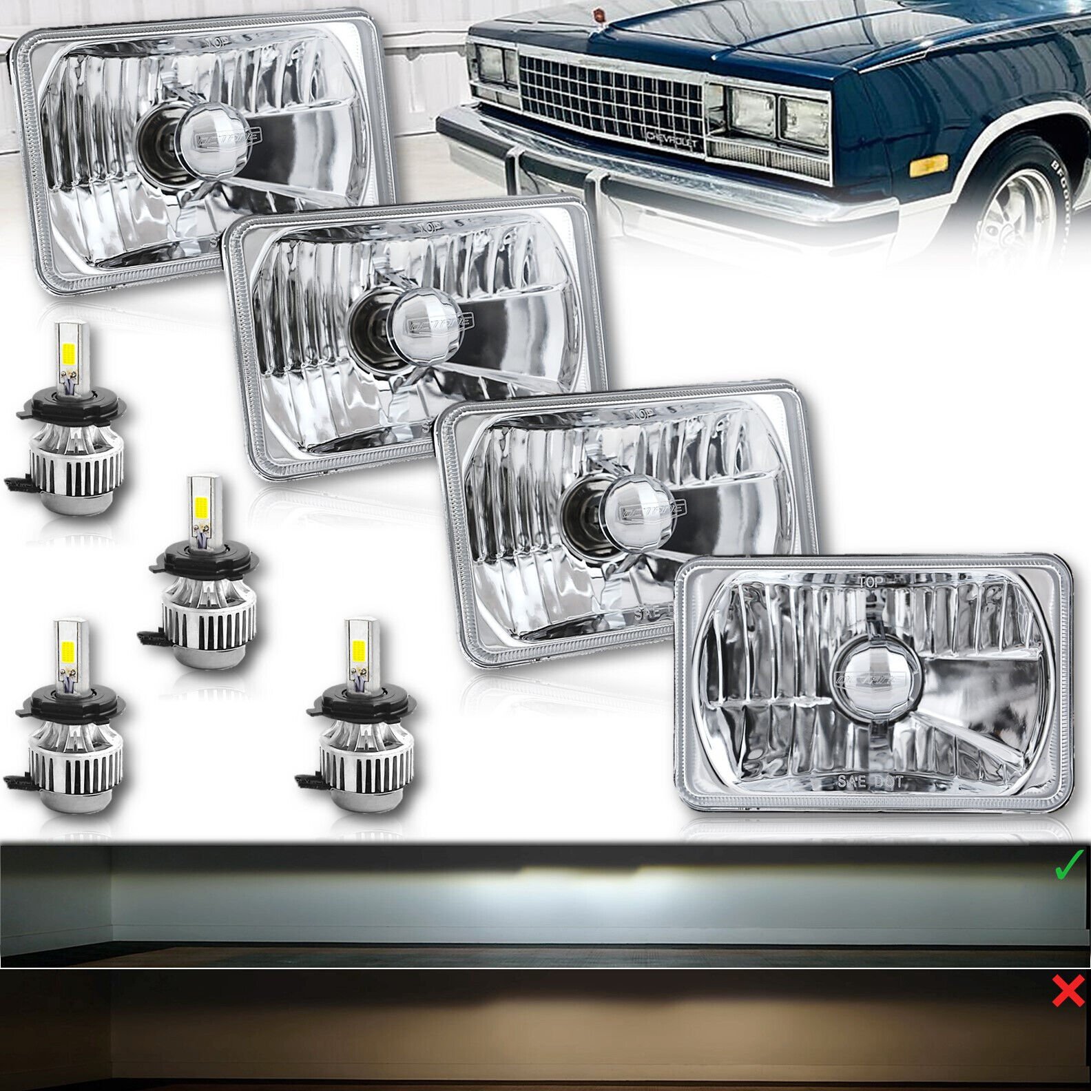 4X6″ 18/24w H4 LED Crystal Clear Glass Lens Headlight Set for 1981-87 GM G-Body