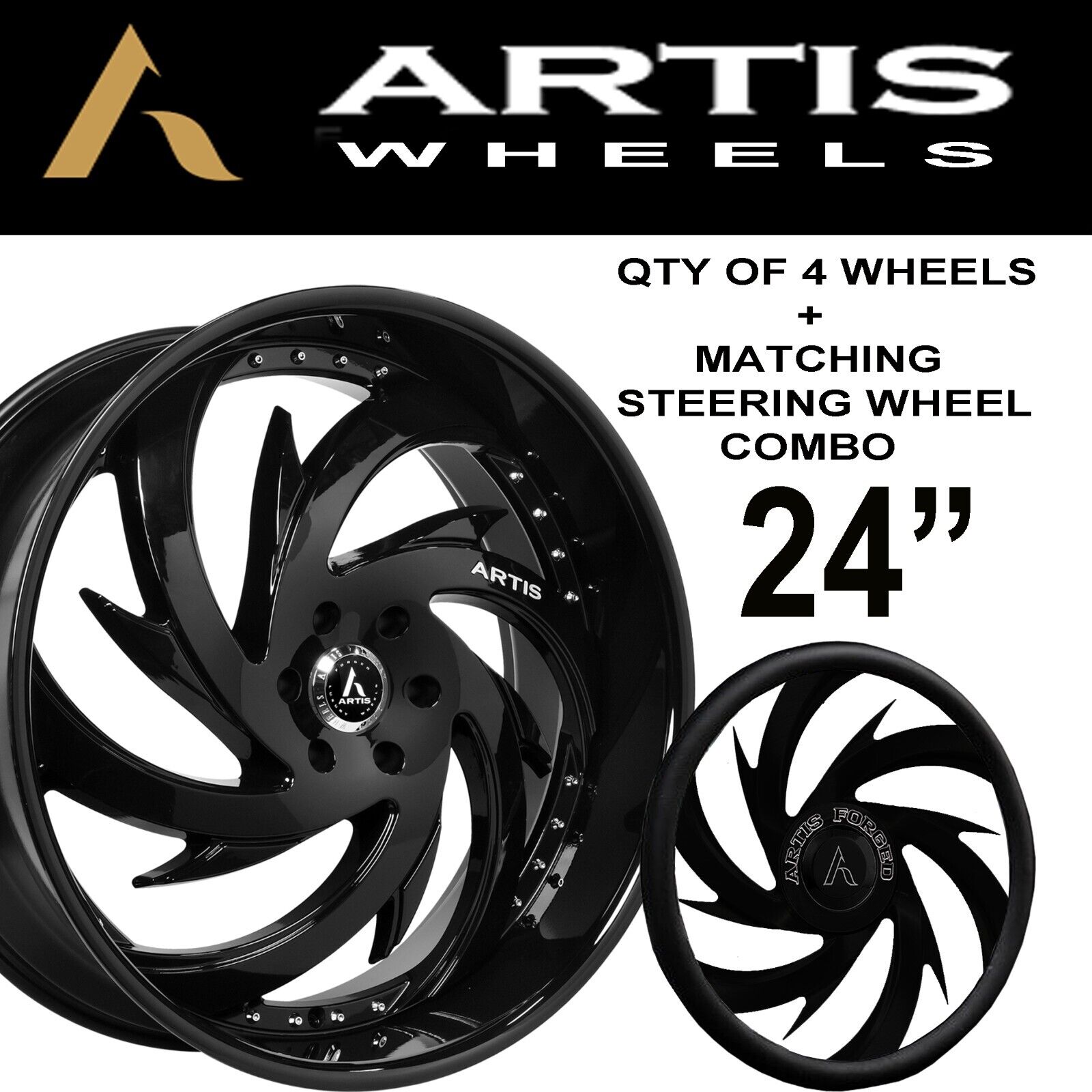 ARTIS 24 INCH GLOSS BLK WHEELS RIMS WITH STEERING WHEEL COMBO GBODY G BODY DONK