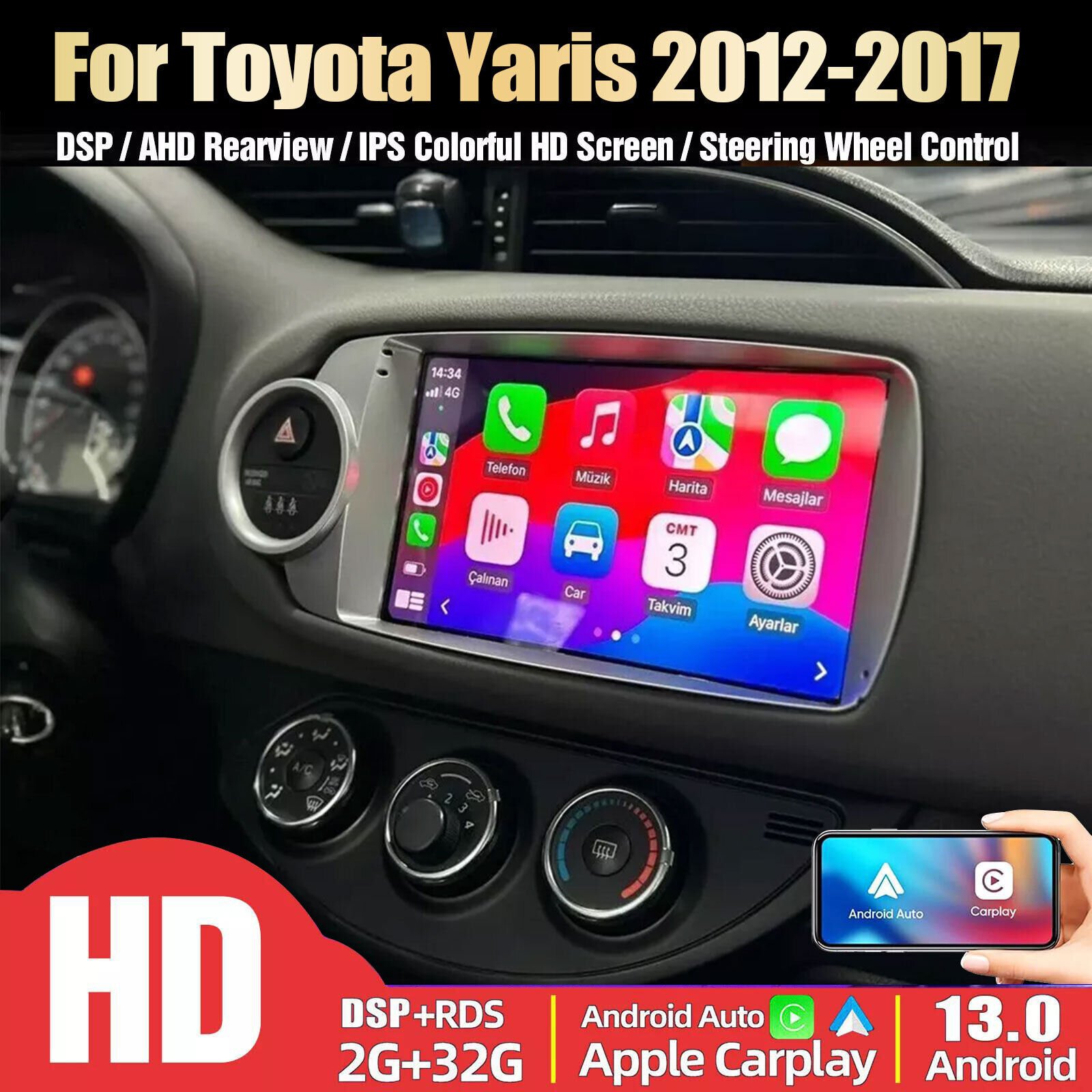 9″ Android 13.0 Car Stereo GPS Radio Player CarPlay For Toyota Yaris 2012-2017