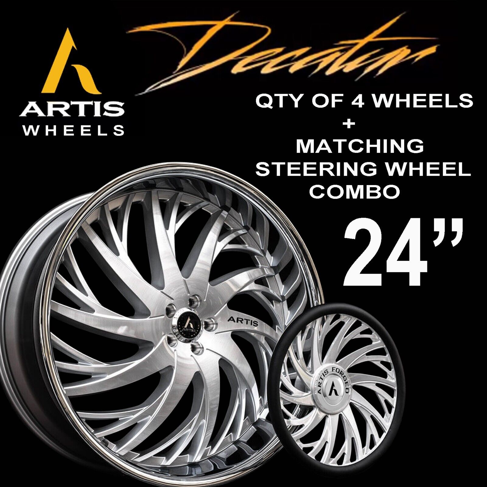 ARTIS 24 INCH WHEELS RIMS WITH STEERING WHEEL COMBO GBODY G-BODY DONK