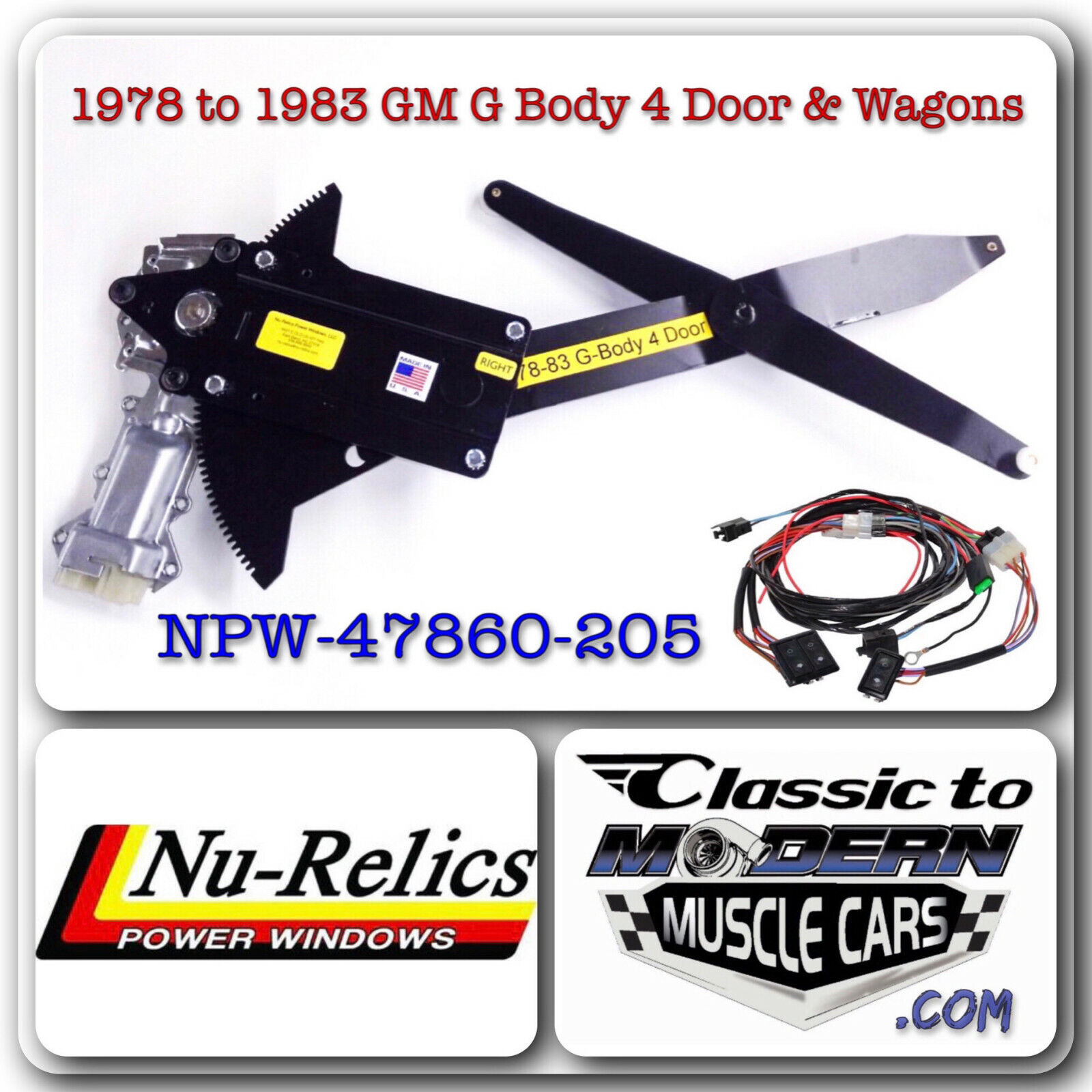 78-83 A&G Body 4 DR & Wagon Regulator & Motor Kit w/2 BLK Switches & Harness