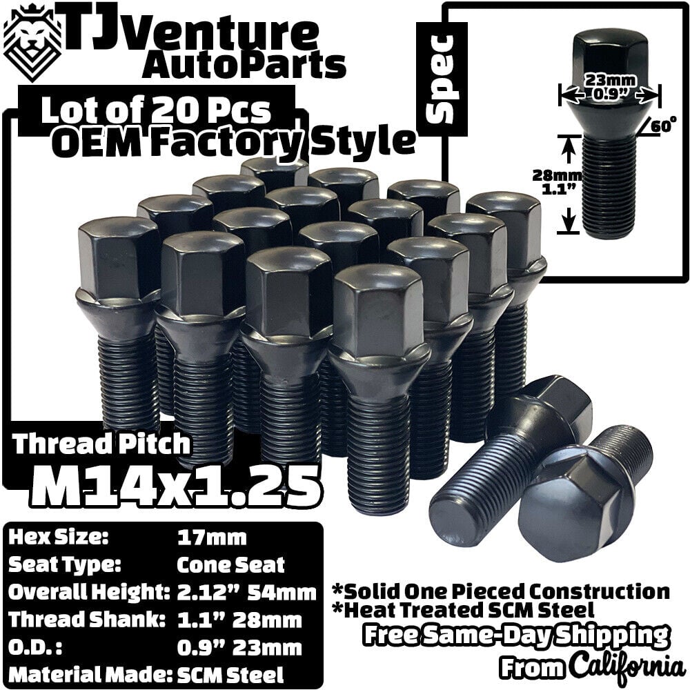 20Pc Black M14x1.25 17mm Hex Wheel Lug Bolt 28mm Shank Fit BMW F/G Body Models