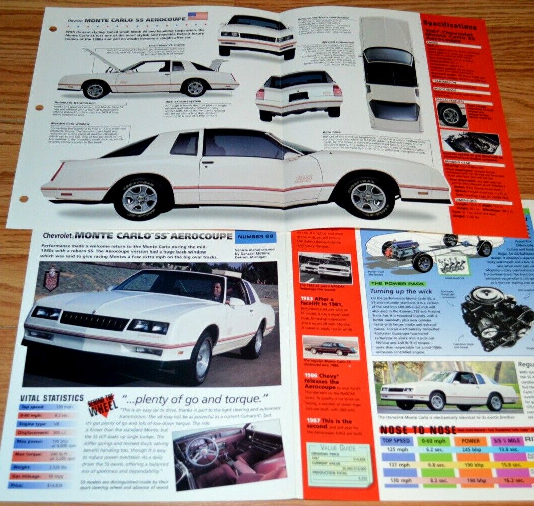 1987 Chevy Monte Carlo SS Aerocoupe Spec Info Original Poster Brochure 87 TTOPS